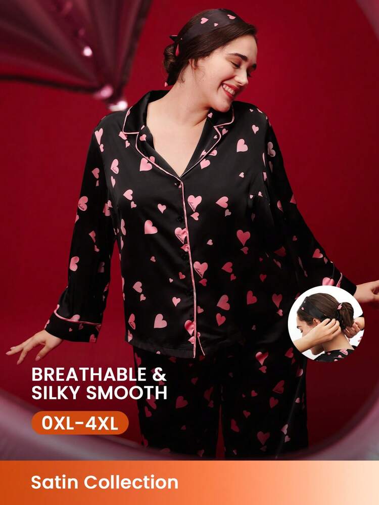 Ensemble de pyjama long en satin avec imprimé cœur pour femmes en taille plus, pour l'automne et l'hiver. Ensemble de loungewear avec bandeau offert.