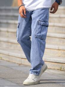 Manfinity Homme Men's Casual Washed Workwear Denim Pants - Light Wash - View 3