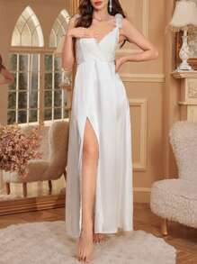 蕾丝拼布 V 领开衩下摆仿丝 3D 花卉吊带背心长款睡袍 - 白色 - 查看 5