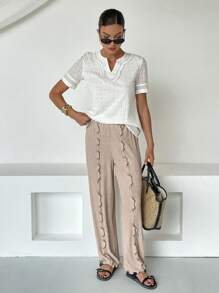 SHEIN Essnce Women Plain Color Casual Pants, Fashion Everyday Wear - Khaki - View 6