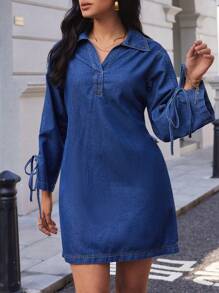 SHEIN Essnce 女士休闲翻领长袖牛仔迷你连衣裙 - 深色水洗藍 - 查看 3