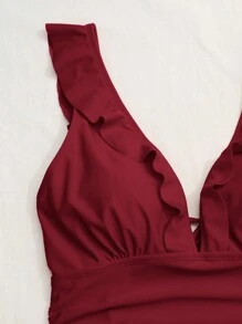 Swim Chiccia 1pc Solid Color Ruffled One-Piece Swimsuit, Summer Beach Vacation One-Piece Bathing Suit - Burgundy - View 5