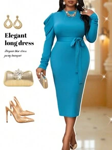 Fleurora 秋冬季优雅海军蓝针织圆领长袖紧身连衣裙大码连衣裙蓝色连衣裙 - 藍色 - 查看 6