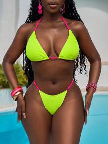 Slaydiva 夏季霓虹绿色罗纹短款上衣和丁字裤比基尼套装、沙滩泳装 - 玫紅色 - 查看 6