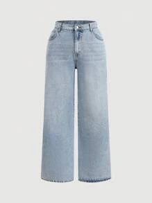 SHEIN Tall CURVE 大码休闲松紧腰直筒洗水牛仔裤，宽松牛仔裤，圣诞女装堆叠女式牛仔裤 - 淺色水洗藍 - 查看 1