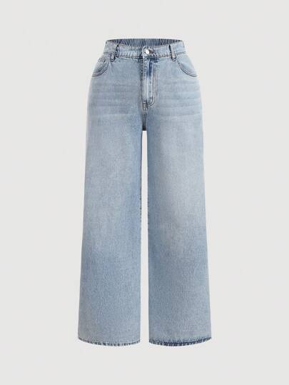 SHEIN Tall CURVE Plus Size Casual Elastic Waist Straight Leg Washed Denim Jeans, Baggy Jeans, Christmas Women Clothes Stacked Women Jeans
