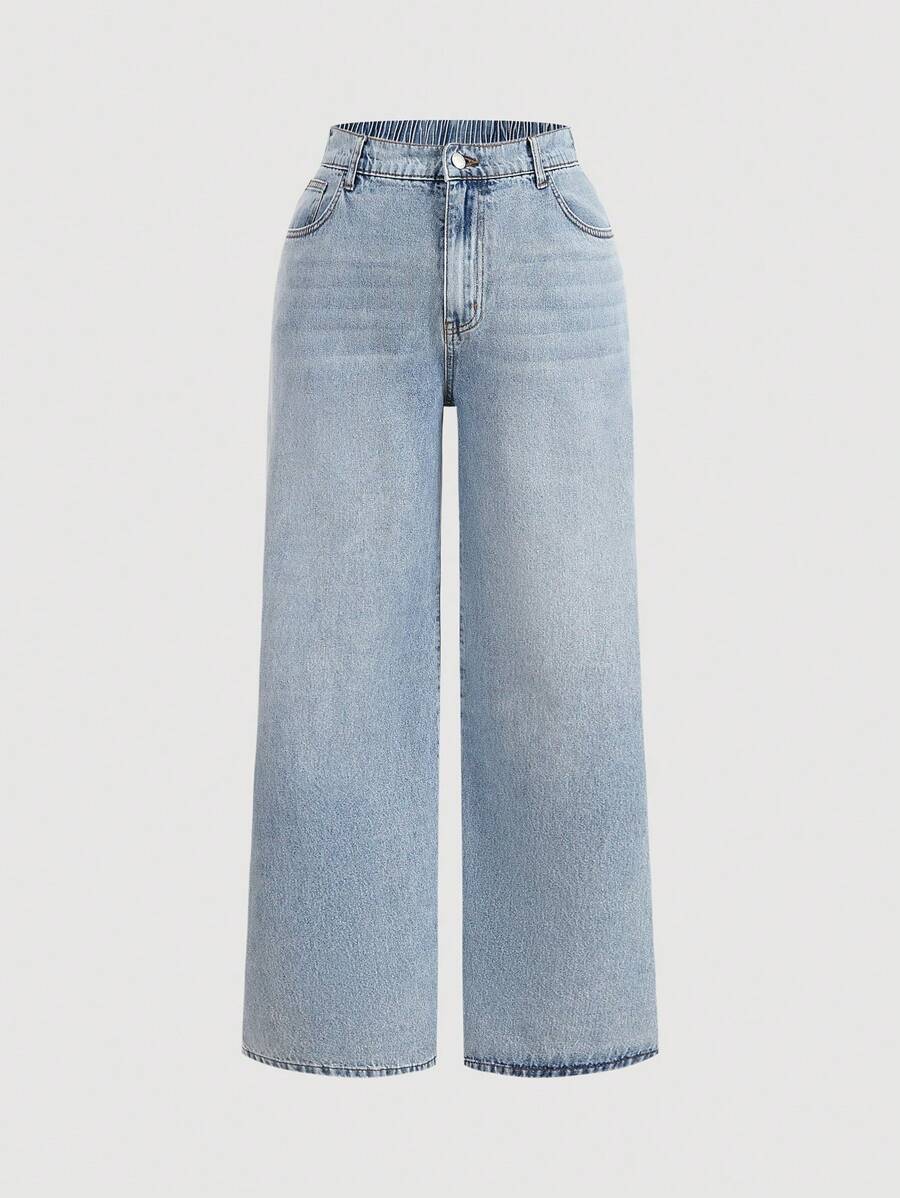 SHEIN Tall CURVE 大码休闲松紧腰直筒洗水牛仔裤，宽松牛仔裤，圣诞女装堆叠女式牛仔裤 - 淺色水洗藍 - 查看 1