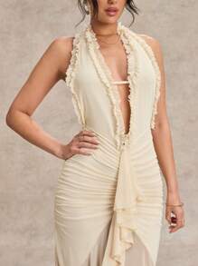 SHEIN BAE 优雅女士长裙，深 V 领，吊带设计，露背，褶皱紧身胸衣和高开衩，适合节日、派对、浪漫约会、与朋友聚会 - 杏色 - 查看 2