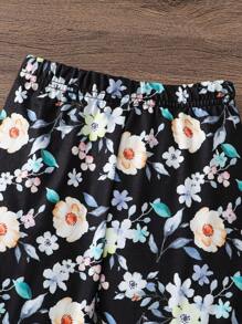 SHEIN 2 Stücke Kleine Mädchen Set: Einfaches gestricktes T-Shirt mit Rundhalsausschnitt & Flare Hose mit Blümchenmuster - Gelb - Übersicht 7