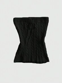 ROMWE Women's Solid Color Front Tie Slim Fit Knit Crop Top - Black - View 2