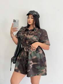 Flirla Plus Size Women Street-Style Casual Camo Print Jumpsuit