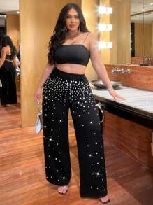 NU&NOW 大码钻石和珍珠缀饰渐变针织裤 - 黑色 - 查看 7