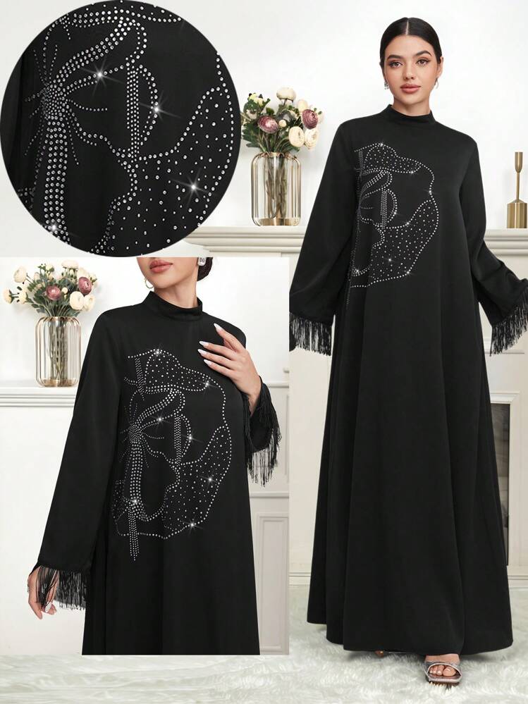 Al Najma 女士土耳其和阿拉伯传统长款连衣裙，端庄的卡夫坦 - 黑色 - 查看 1