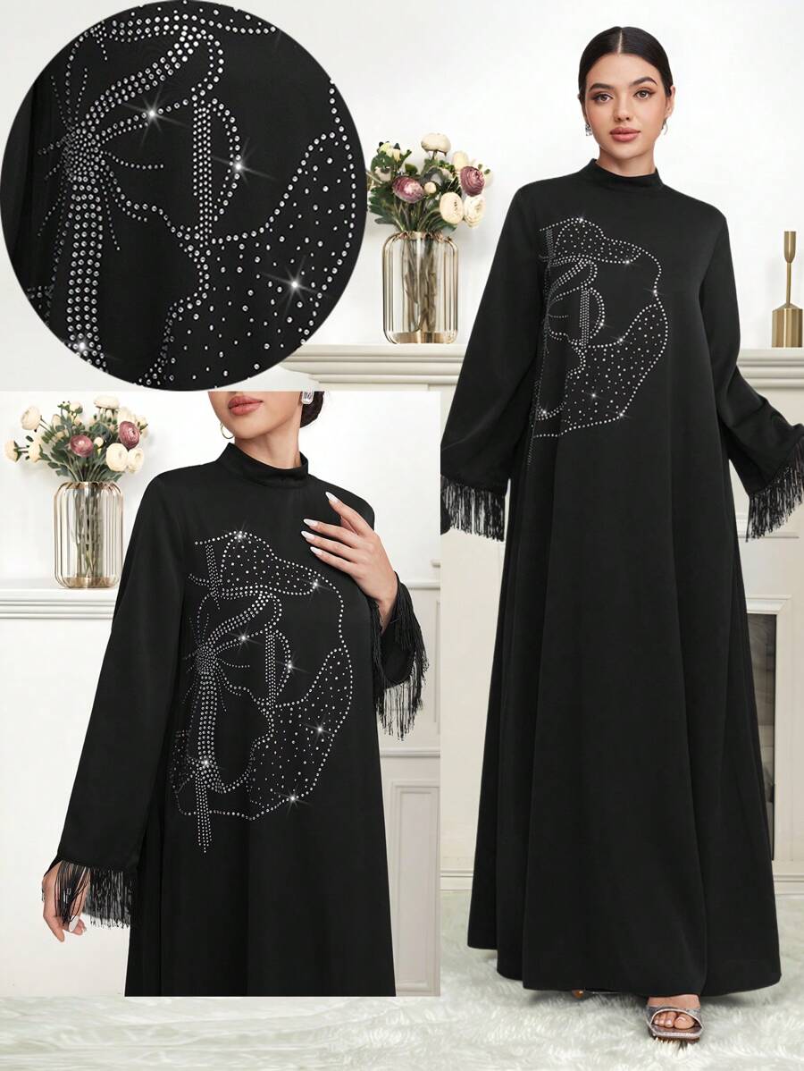 Al Najma 女士土耳其和阿拉伯传统长款连衣裙，端庄的卡夫坦 - 黑色 - 查看 1