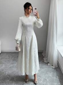 Modelyn 女士优雅 A 字腰链提花编织连衣裙 - 杏色 - 查看 5