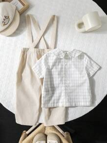 SHEIN Leap Crew 2 pièces/set Chemise casual à col claudine et salopette pour bébé garçon dans un style élégant, convient pour les occasions de printemps/été comme les anniversaires, baptêmes, 1er anniversaire, cérémonies, représentations, mariages