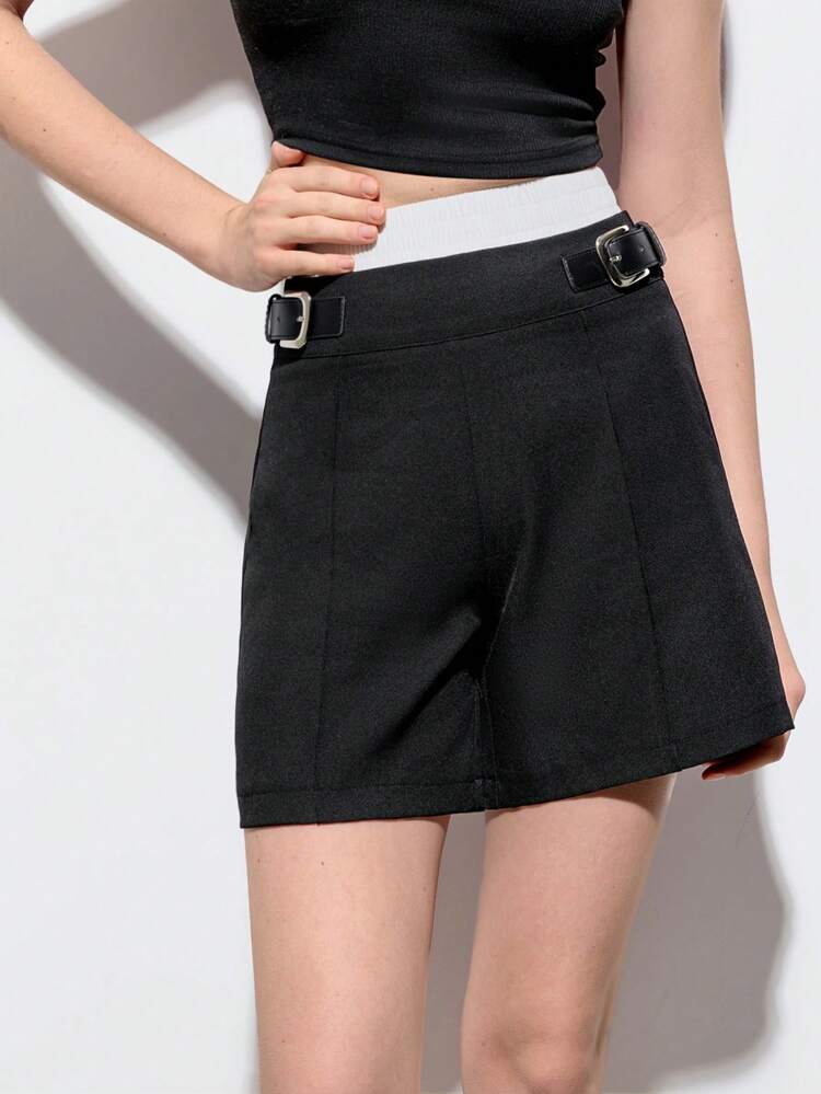 SHEIN Maija Spring And Summer New Style Black 2 In 1 Spliced ​​Waist PU Belt Decoration Women's Shorts Urban Modern Elegant Sleeveless Daily Casual Commuting Suitable For Going Out For Vacations, Holiday Parties, Weddings And Dates.