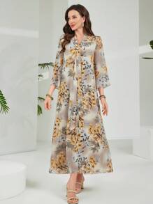 Mulvari Vestido elegante de longitud media con estampado floral y mangas 3/4 para mujer