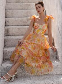 EMERY ROSE Váy voan họa tiết hoa thiết kế dây mảnh thanh lịch dành cho kỳ nghỉ và đi làm, có nơ và viền bèo nhún, phong cách thời trang bãi biển Boho mùa hè cho mùa xuân thu - Nhiều màu - Xem 7