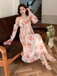 DAZY Floral Print Off Shoulder Ruffle Hem Midi Dress For Women,Fall Dress Long Sleeve Dress Boho Vacation Outfits Women - Pink - View 5