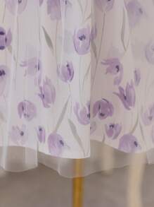 SHEIN Young Girl Floral Print Mesh Dress & Ruffled Cap Sleeve Check Pattern Top , Spring/Summer,Easter - Mauve Purple - View 7