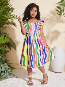 SHEIN Tween Girl Colorful Striped Bowknot Detail Cap Sleeve Vacation Casual Dress - Multicolor - View 3