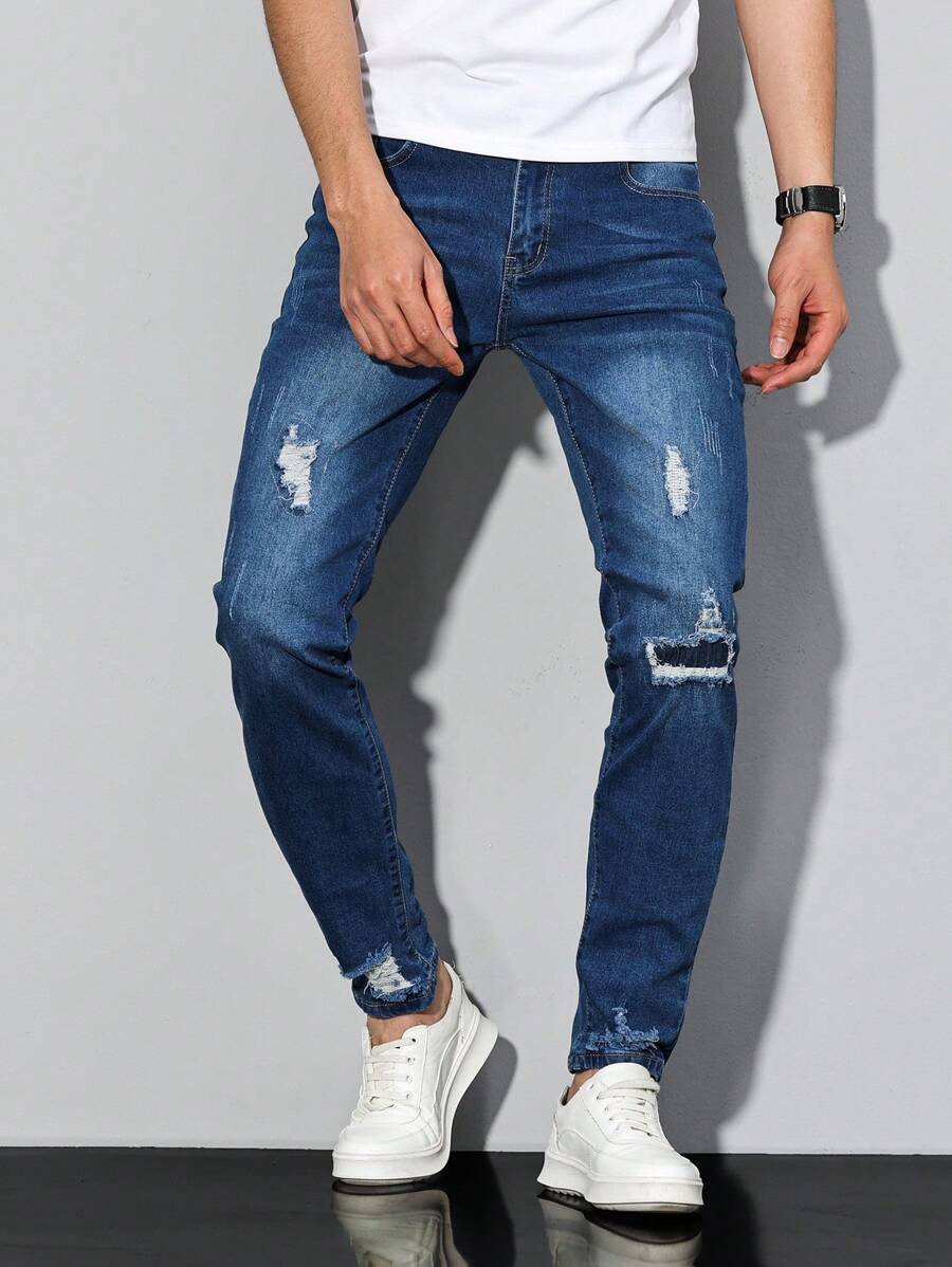 Manfinity Homme 大码男式破口袋休闲破洞牛仔裤 - 中等水洗藍 - 查看 1