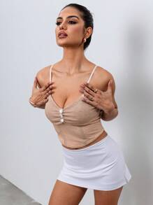 SHEIN Unity 女士优雅可调节肩带装饰吊带背心，春夏 - 香檳色 - 查看 4