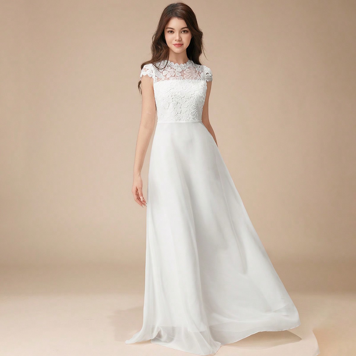 Vestido largo de dama de honor con mangas de capa, de satén brillante y parches de encaje, elegante y de alta gama, para niña de las flores, boda, f