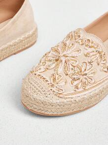 Styleloop Apricot Velvet Embroidered Linen Rope Sole Flats, Elegant Casual Vacation Party Date Wedding Banquet Bohemian Western Music Festival Wear - Apricot - View 4