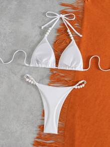 SHEIN Swim 女士纯色吊带胸罩 + 内裤比基尼套装泳装套装，简约时尚，适合日常休闲穿着，适合夏季海滩度假