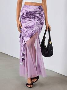 SHEIN Unity Purple Floral,Summer,Elegant,Party Mesh Insert Butterfly & Peony Print Bodycon Asymmetric Ruffle Hem Skirt With Waist Pleats, Retro Y2K Style - Purple - View 4
