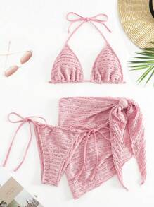 Swim SXY Solid Color Textured Separate Swimwear, For Beach & Vacation For Summer Beach Vacation - Pink - View 3