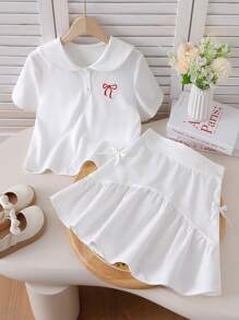 青少年女孩甜美休闲海军蓝领短袖刺绣蝴蝶结短款上衣和松紧腰短裙套装，夏季