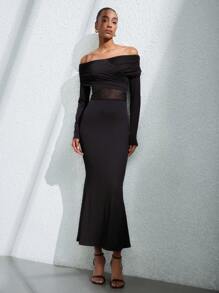 SHEIN Privé 黑色牛奶丝与网眼拼布扭结前部无袖连衣裙 - 黑色 - 查看 1