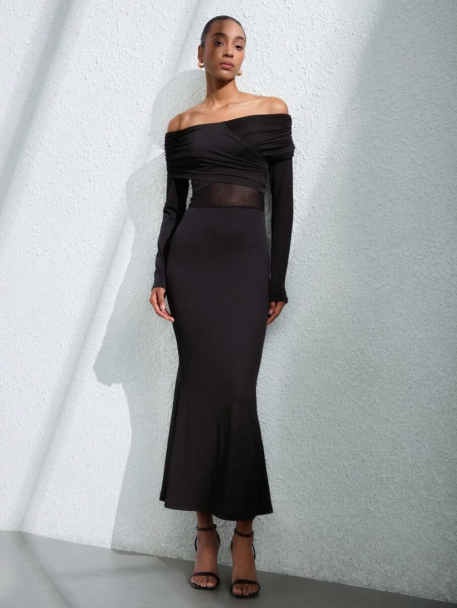 SHEIN Privé 黑色牛奶丝与网眼拼布扭结前部无袖连衣裙 - 黑色 - 查看 1