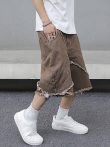 Manfinity EMRG 男式宽松口袋磨边休闲牛仔短裤 - 棕色 - 查看 3