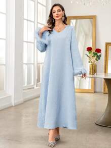 Al Najma Women's Solid Color V-Neck Furry Sleeve Arabian Dress,Modest - Blue - View 1