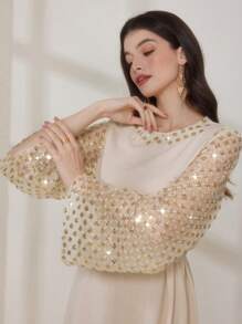 Al Najma 保守优雅亮片绣花袖女士阿拉伯连衣裙，女式超长连衣裙 - 卡其色 - 查看 1