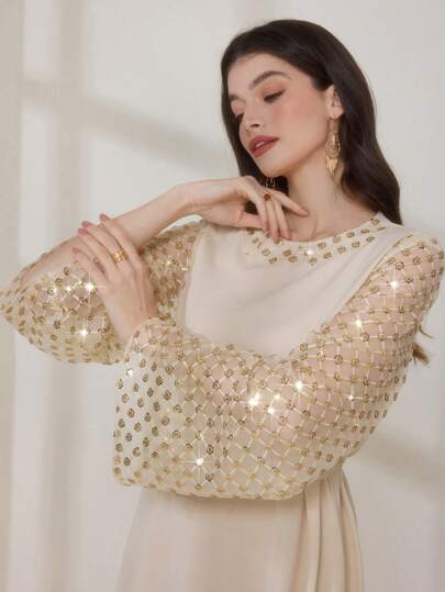 Al Najma Conservative Elegant Sequins Embroidered Sleeve Ladies' Arab Dress, Women's Extra Long Dress