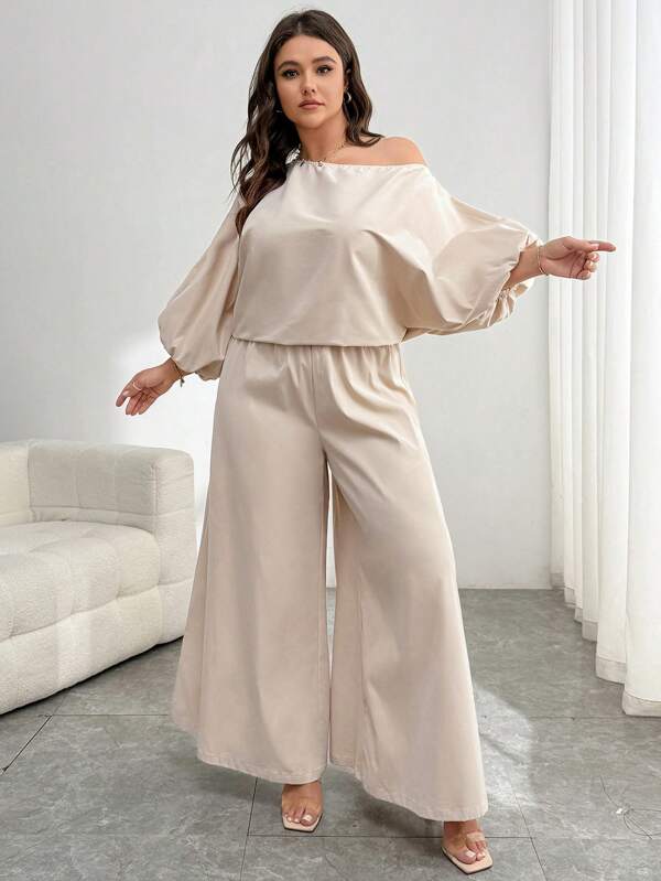 Firerie Set de 2 piezas para mujer de talla grande, blusa de manga farol con cuello asimétrico y pantalones de pierna ancha de unicolor