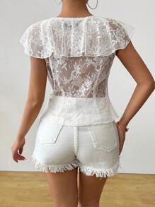 SHEIN Unity Romantic Lace Ruffle 3D Floral Decor Blouse - White - View 2