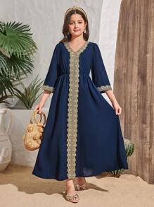 Tween Girls' Elegant V-Neck Long Sleeve Dress