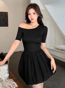 DAZY Asymmetrical Shoulder Solid Color Ruched A-Line Mini Dress For Women,Casual Women Dresses