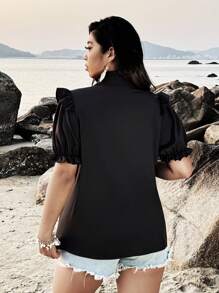 SHEIN Clasi Áo cánh xếp ly cổ đứng thanh lịch cỡ lớn tay bèo nhún - màu đen - Xem 6