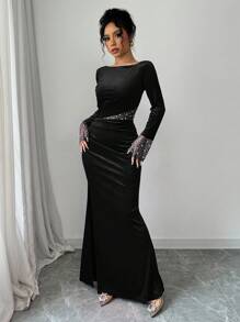 Elenzga 情人节红色节日连衣裙，长袖拼接珍珠串珠收腰褶皱开衩优雅浪漫连衣裙女 - 黑色 - 查看 6