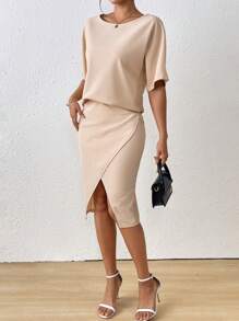 SHEIN Clasi 2pcs/Set Women Solid Color Short Sleeve Casual Top And Skirt - Apricot - View 4