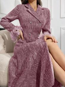 Modelyn Women's Front Button Faux Fur Patchwork Simple Casual Dress - Dusty Purple - View 3
