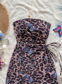 Soleia Vestido mini con cordón en la cintura, diseño calado, estampado de leopardo y mariposa, sexy, adecuado para vacaciones, festivales de música, estilo bohemio, citas en vacaciones