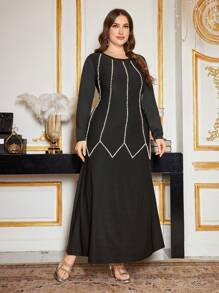 Modelyn Plus Size Women Elegant Round Neck Long Sleeve Pearl Decorated Dress - Black - View 4